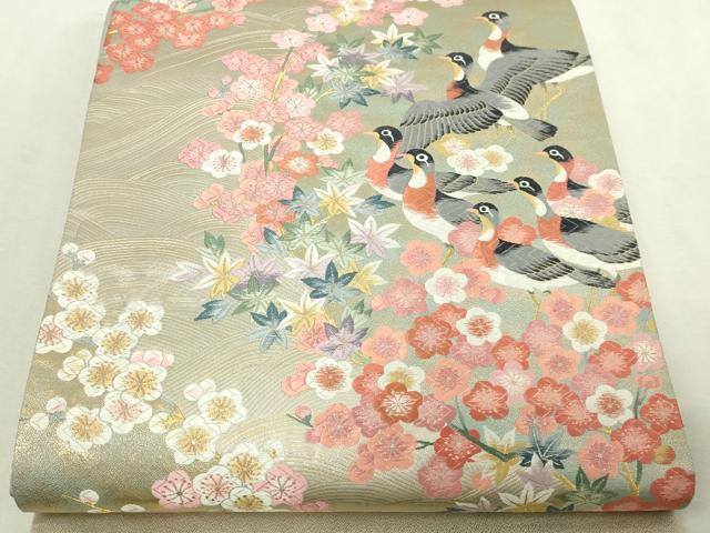 平和屋本店▼本加賀友禅作家 百貫華峰 「美しいキモノ」お馴染みのメーカー となみ織物 六通柄袋帯 唐織 花鳥文 純金箔 証紙付　DABI1221sf