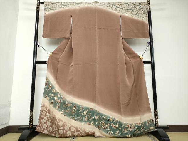 平和屋着物●訪問着　草花文　暈し染め　鬼しぼ縮緬　正絹　逸品　DABI2136ud