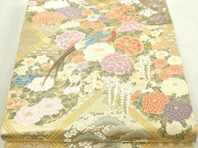 平和屋本店▼六通柄袋帯　唐織　花園格子花鳥　本金箔　正絹　逸品　DABI4594sf 11,466円