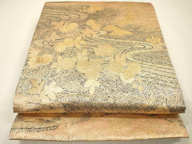 平和屋本店▽六通柄袋帯 花本流水波 本金箔 正絹 逸品