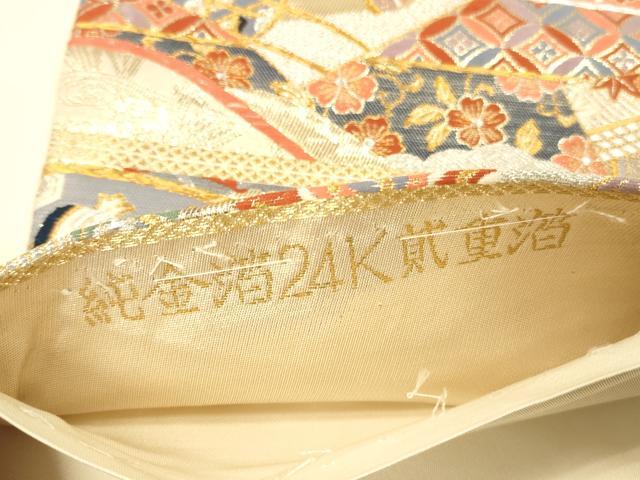 平和屋本店▽六通柄袋帯 唐織 舞蝶御所車花文 九百錦織 純金箔24K貳重