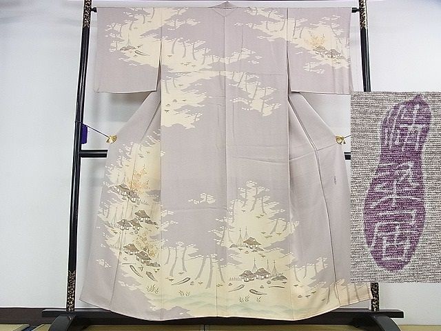 平和屋本店■極上 名門上野家 人間国宝の技と美を受け継ぐ故・上野清二の妻 上野街子 清染居 訪問着 水辺風景 牡丹鼠色地 逸品 DZAA0061kh4