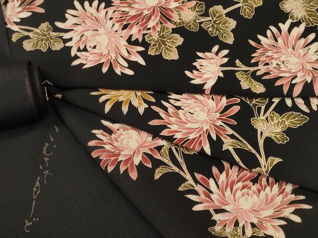平和屋本店■極上　こむさでもーど・COMME CA DU MODE　付下げ　反物　着尺　枝菊　黒地　八掛付き　逸品　未使用　DZAA11133kh5