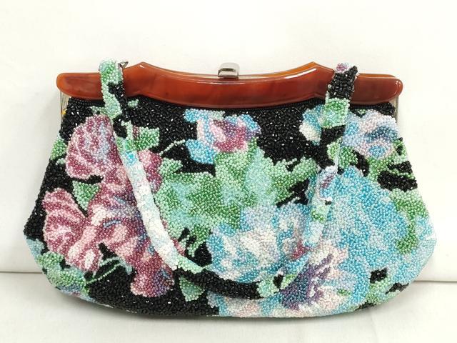 平和屋本店■和装小物　ビーズバッグ　和装バッグ　草花　がま口　持ち手付き　レトロ　逸品　DZAA11179kh5　