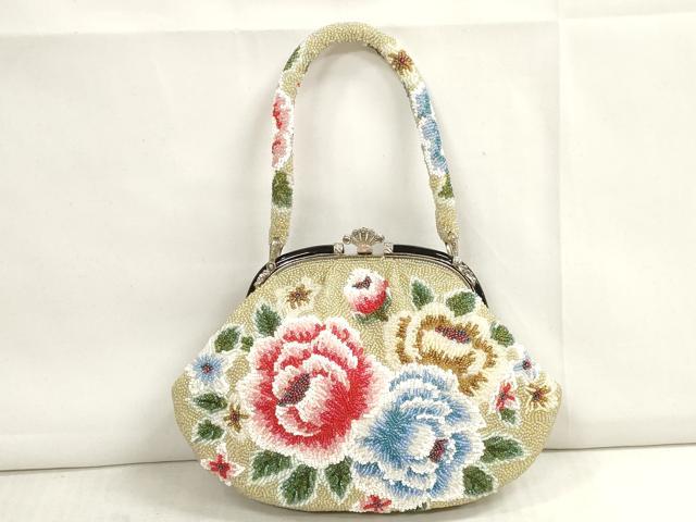 平和屋本店■和装小物　ビーズバッグ　和装バッグ　草花　がま口　持ち手付き　レトロ　逸品　DZAA11208kh5