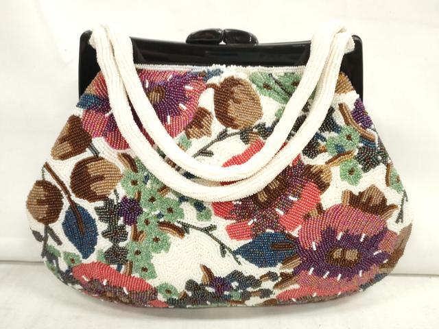 平和屋本店■和装小物　和装バッグ　ビーズバッグ　枝花　がま口　持ち手付き　レトロ　大容量　逸品　DZAA11232kh5