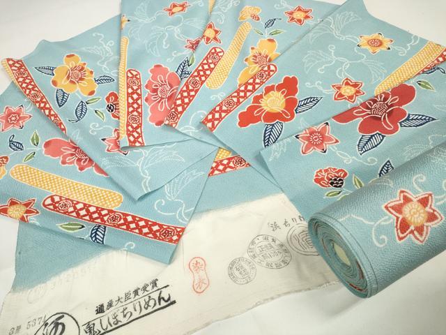 平和屋本店■極上　小紋　反物　着尺　型染　霞花文　鬼しぼちりめん　逸品　未使用　DZAA11247kh5