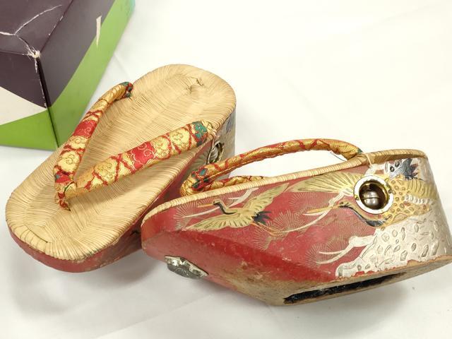 平和屋本店●和装小物　ぽっくり下駄　こっぽり・おこぼ下駄　畳表　金蒔絵　飛鶴松文　逸品　DZAA11440kh5