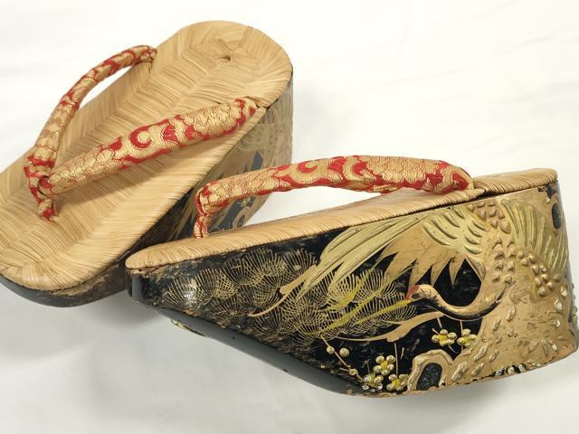 平和屋着物●極上　和装小物　ぽっくり下駄　こっぽり・おこぼ下駄　畳表　金蒔絵　鶴梅松文　20cm　逸品　DZAA11772kh6