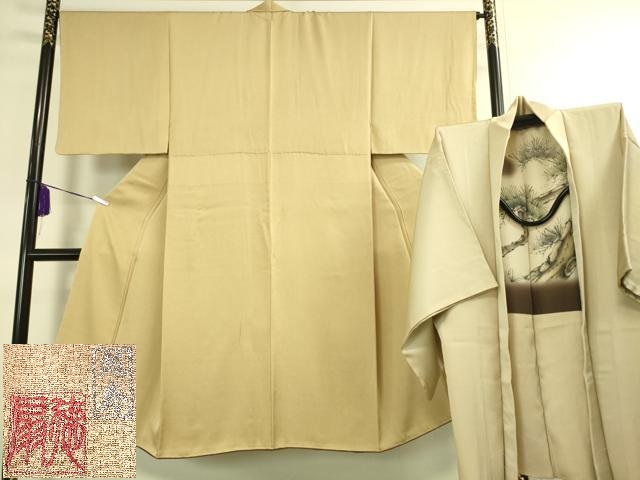 平和屋本店■極上 男性 国際的伝統工芸作家 十二代・藤林徳扇 苑寿 色無地 アンサンブル 着物：浅黄色 羽織：薄練色 逸品 未使用 DZAA1606kh4
