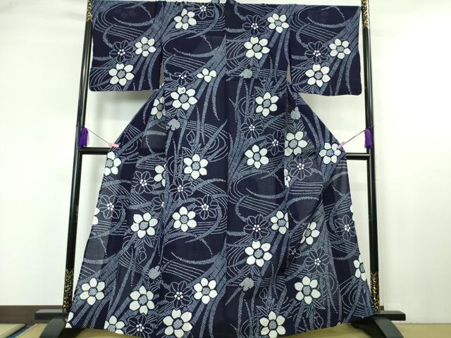 eふれんず◆有松鳴海絞り　夏物　浴衣　舞花文　綿◆am1148 long＊night garden＊有松鳴海絞り浴衣 ブラック 黒 花 A741