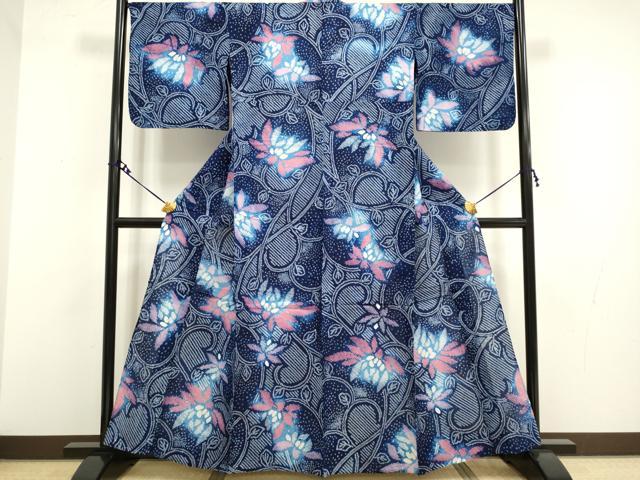 平和屋着物□夏物 有松鳴海絞り 浴衣 伝統工芸品 草花文 藍染 綿