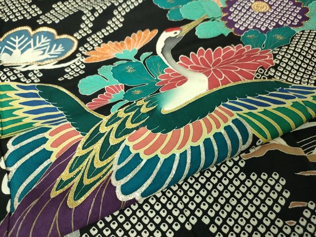 平和屋本店□極上 アンティーク 大正ロマン 振袖 駒刺繍 立波飛鶴花文