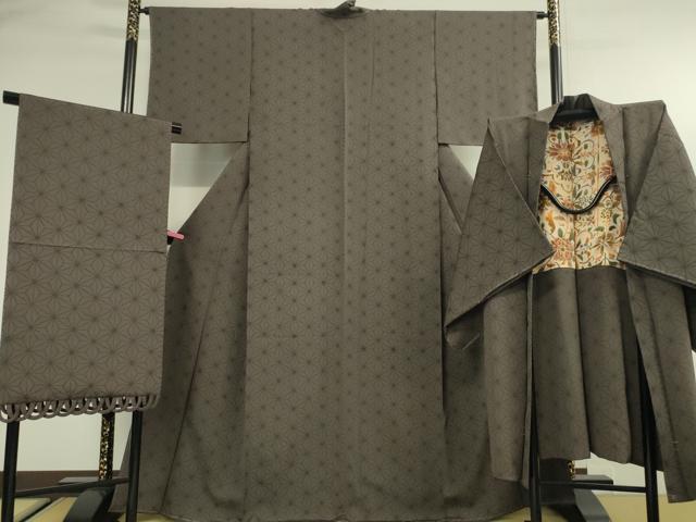 平和屋本店■極上　小紋・長羽織・ショール　3点セット　麻の葉文様　黒橡色地　反端付き　逸品　未使用　DZAA2533kh5