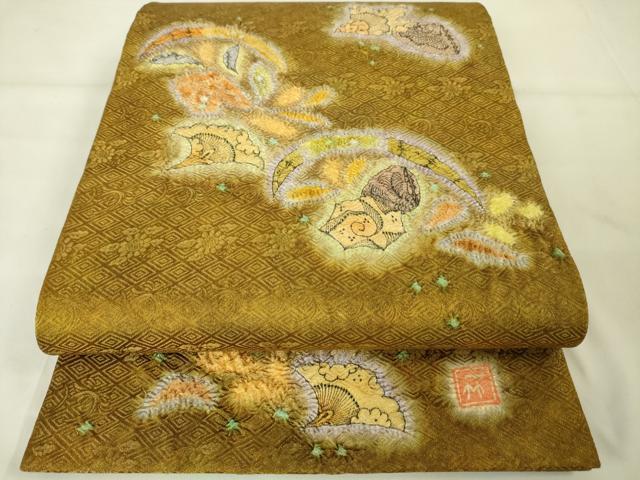 平和屋本店■最高級　初代　久保田一竹　幻の辻が花　太鼓柄袋帯　絞り　貝殻　金通し地　逸品　未使用　DZAA2590kh5