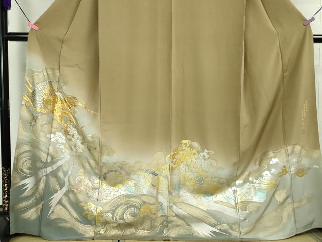 平和屋本店■極上　金彩工芸　長谷川宏　色留袖　吉祥金襴　駒刺繍　龍　立波　暈し染め　金銀彩　本金箔　桑染色地　逸品　DZAA2613kh5 平和屋本店□極上 金彩工芸 長谷川宏 色留袖 吉祥金襴 駒刺繍 龍