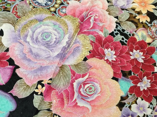 平和屋本店□極上 振袖 ヒョウ柄 薔薇 宝石 黒地 金糸 銀通し地 逸品