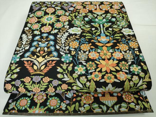 平和屋本店□極上 西陣 川島織物 六通柄 本袋帯 草花文 黒地