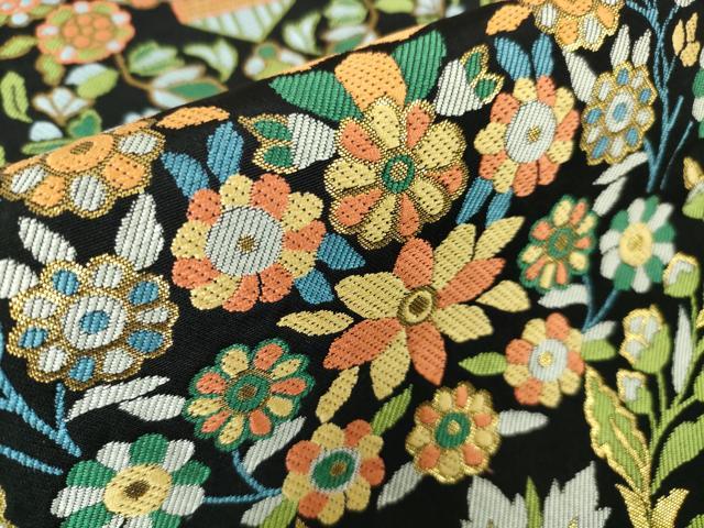 平和屋本店□極上 西陣 川島織物 六通柄 本袋帯 草花文 黒地