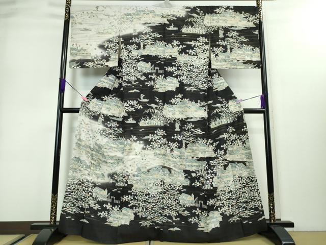 平和屋本店■極上　染織の名門　しょうざん  生紬　訪問着　風景花文　黒地　逸品　DZAA3185kh5