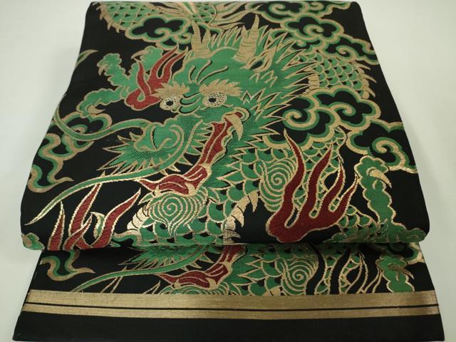 平和屋本店□極上 アンティーク 大正ロマン 丸帯 龍 黒地 金糸 小大丸