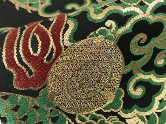 平和屋本店□極上 アンティーク 大正ロマン 丸帯 龍 黒地 金糸 小大丸