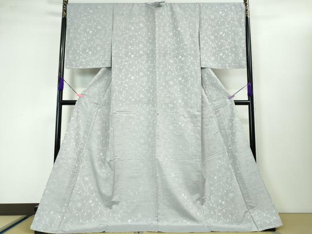 平和屋本店□極上 お召 単衣 ロング丈 唐草地紋 希少柄 兎 猫