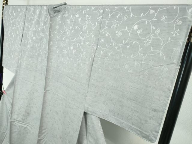 平和屋本店□極上 お召 単衣 ロング丈 唐草地紋 希少柄 兎 猫