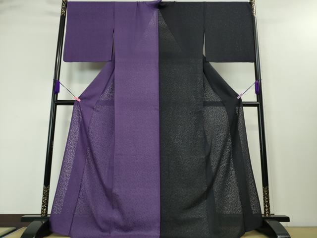 平和屋本店■極上　夏物　夏お召　片身替わり　花唐草紋紗　黒×本紫色　逸品　DZAA3727kh5