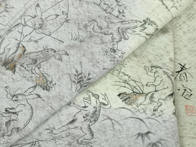 平和屋本店■極上　京友禅作家　山科春宣　訪問着　ぜんまい紬　花織地　鳥獣戯画　手描き　逸品　未使用　DZAA3747kh5