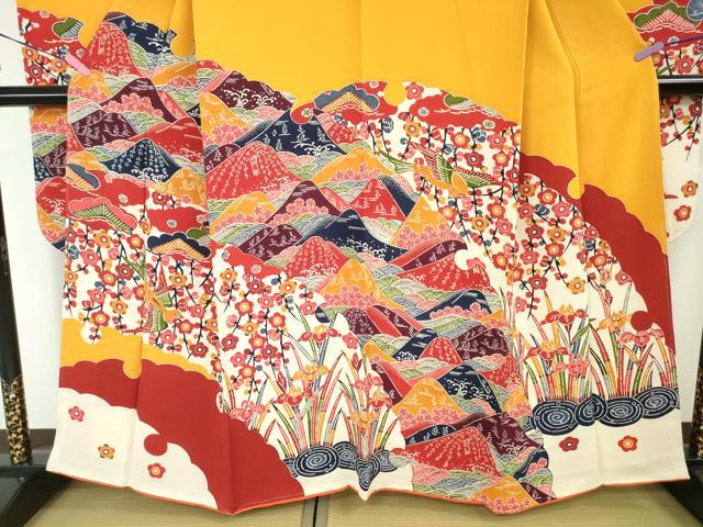 平和屋本店□極上 和染紅型 栗山紅型 栗山吉三郎 振袖 重ね山花鳥