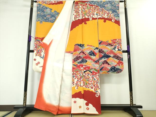 平和屋本店□極上 和染紅型 栗山紅型 栗山吉三郎 振袖 重ね山花鳥