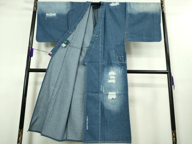 平和屋本店□極上 男性 デニム着物 単衣 和遊 ポケット付き 綿 逸品
