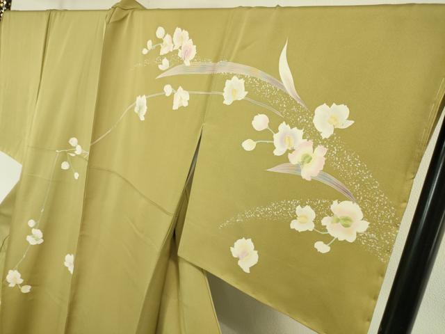 平和屋本店□極上 訪問着 刺繍 胡蝶蘭 木蘭色地 鈴乃屋扱い 逸品