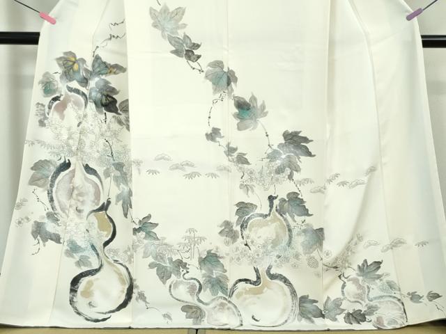 平和屋本店□極上 訪問着 刺繍 手描き 瓢箪 吉祥花文 象牙色地