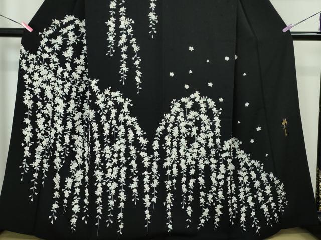 平和屋本店■極上　女優・吉永小百合　訪問着　枝垂れ桜　縮緬地　黒地　逸品　DZAA4017kh5