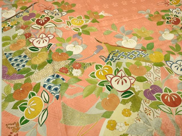 平和屋本店□極上 創業460年・千總 振袖 駒刺繍 誰が袖橘花文 東雲色地