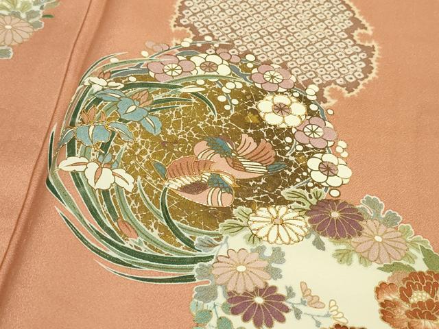 平和屋本店□極上 訪問着 駒刺繍 雪輪鴛鴦花文 暈し染め