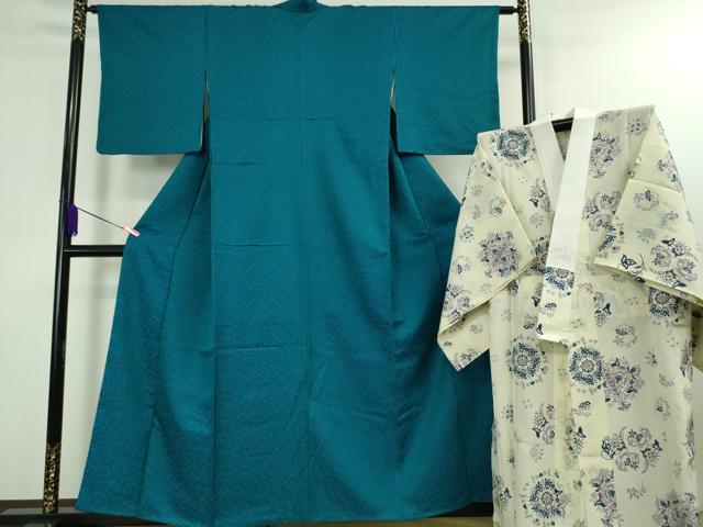 平和屋本店■極上　BANKAN わものや　お召・長襦袢(無双仕立て)セット　草花地紋　納戸色　逸品　DZAA4140kh5