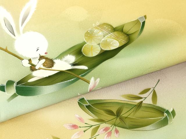 平和屋本店■極上　振袖　手描き　兎　うさぎ　草舟　綿毛　暈し染め　支子色地　逸品　DZAA4304kh5