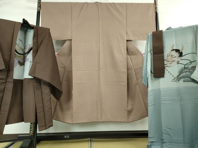 平和屋本店□極上 男性 お召・長襦袢(袷)・羽織・角帯 4点セット 着物：濃 