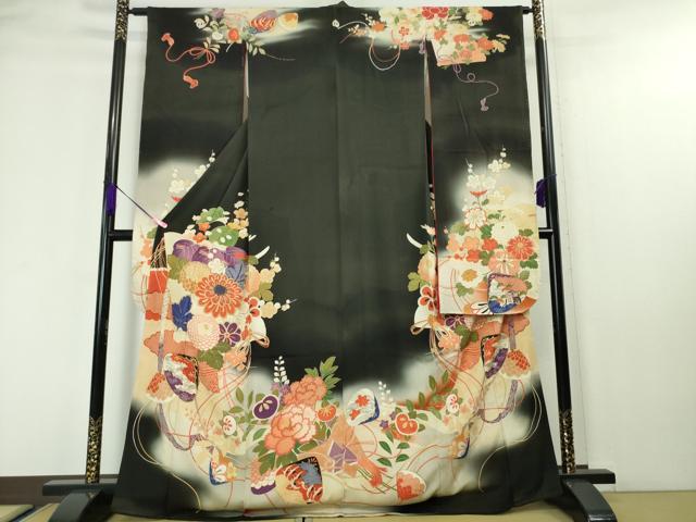 平和屋着物○アンティーク 大正ロマン 振袖 駒刺繍 草花文 正絹 逸品