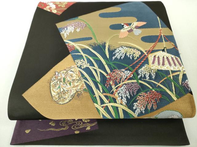 超美品　全通　正絹　袋帯　個性的　ジュサブロー　辻村壽三郎　黄色　緑　桜　436 超美品 全通 正絹 袋帯 個性的 ジュサブロー 辻村壽三郎 黄色 緑