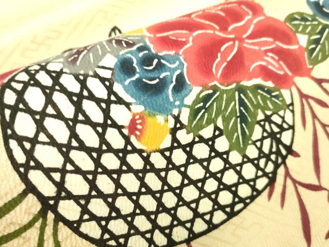 平和屋本店■極上　本場琉球紅型　九寸名古屋帯　燕　花籠　肌色地　逸品　未使用　DZAA4350kh5 平和屋本店□極上 本場琉球紅型 九寸名古屋帯 燕 花籠 肌色地 逸品 未