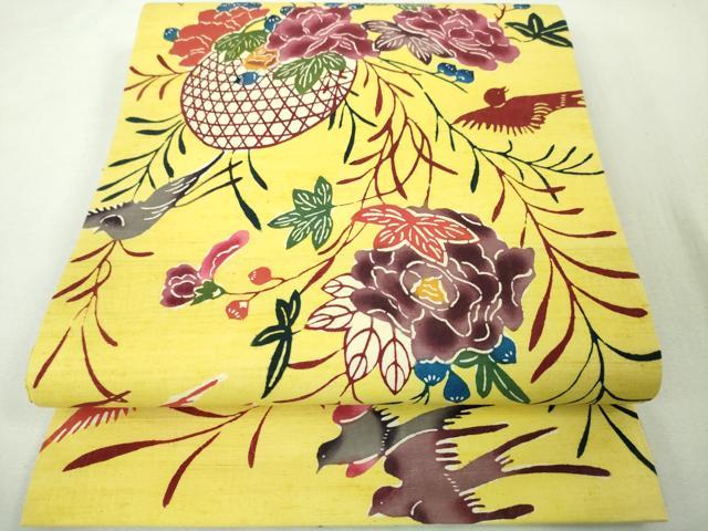 平和屋着物●九寸名古屋帯　本場琉球紅型　菊唐草文　鬼しぼ縮緬　正絹　逸品　DAAT0206ob 平和屋着物○九寸名古屋帯 本場琉球紅型 菊唐草文 鬼しぼ