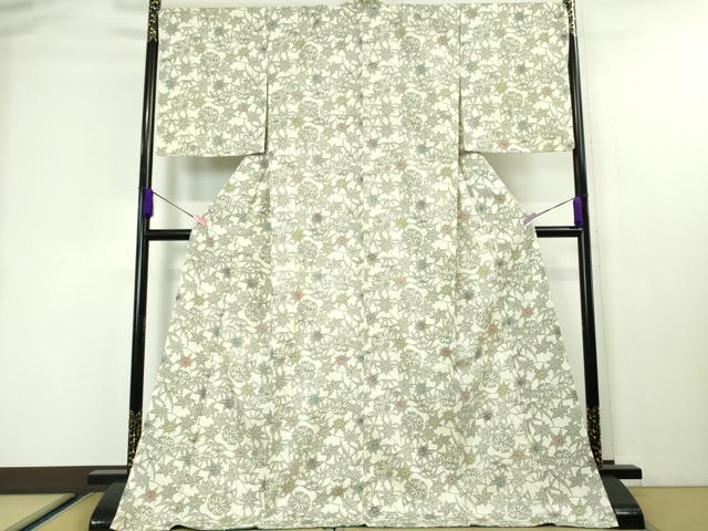 平和屋本店■極上　江戸紅型　あやせ染芸　紅型紬　雪輪笹楓文　ロング丈　反端付き　逸品　未使用　DZAA4422kh5