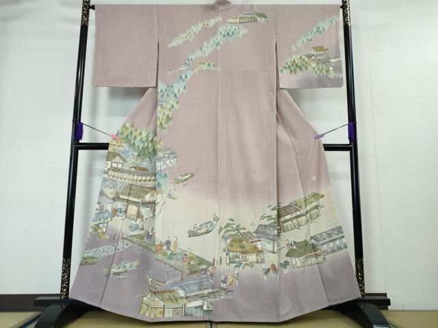平和屋本店■極上　中国三大刺繍　スワトウ刺繍　汕頭刺繍　訪問着　渡橋人物風景　暈し染め　紅藤色地　金糸　逸品　DZAA4435kh5
