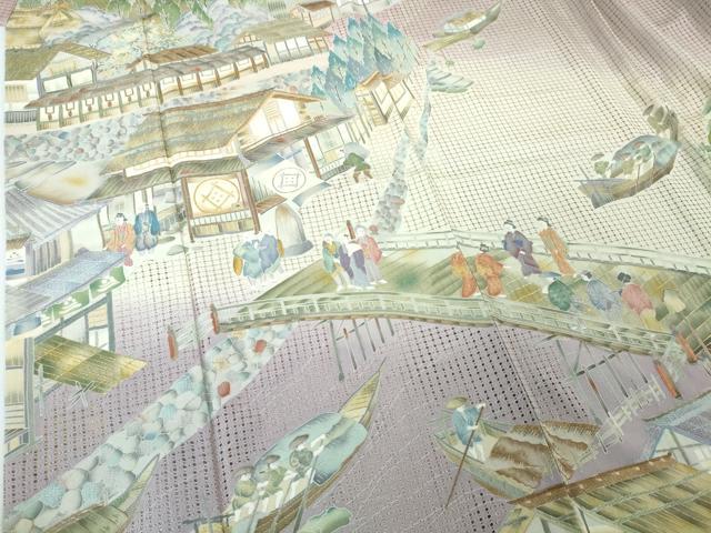 平和屋本店●極上　中国三大刺繍　スワトウ刺繍　汕頭刺繍　訪問着　渡橋人物風景　暈し染め　紅藤色地　金糸　逸品　DZAA4435kh5 平和屋本店○極上 中国三大刺繍 スワトウ刺繍 汕頭刺繍 訪問着 渡橋