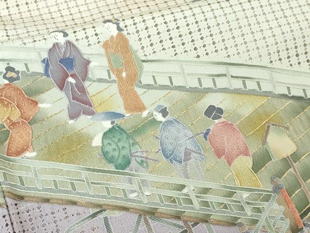 平和屋本店●極上　中国三大刺繍　スワトウ刺繍　汕頭刺繍　訪問着　渡橋人物風景　暈し染め　紅藤色地　金糸　逸品　DZAA4435kh5 平和屋本店○極上 中国三大刺繍 スワトウ刺繍 汕頭刺繍 訪問着 渡橋