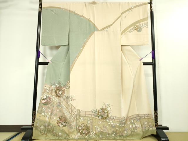 平和屋本店■極上　中国三大刺繍　スワトウ刺繍　汕頭刺繍　総刺繍　訪問着　風景花文　薄卵色地　金糸　やまと誂製　逸品　DZAA4482kh5